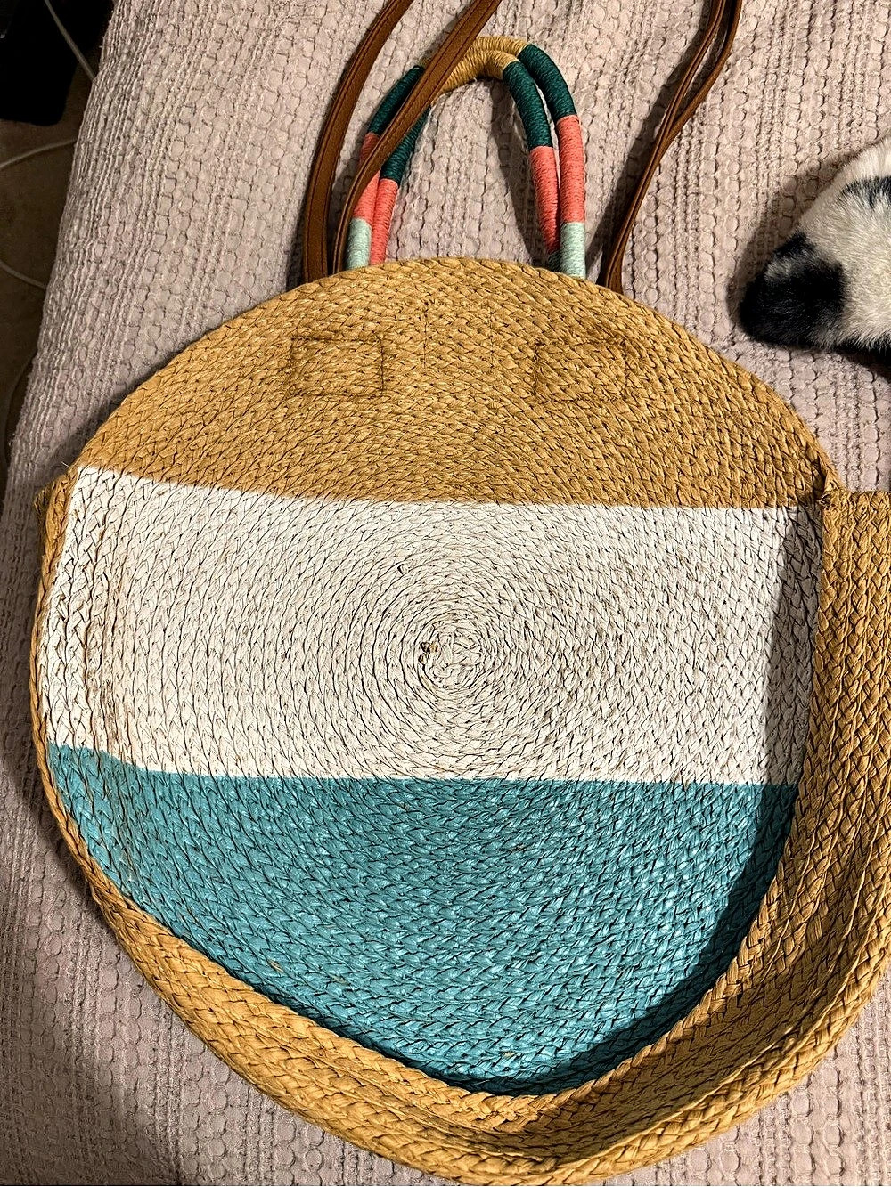 Color Block Woven Shoulder Bag in Brown & Blue
